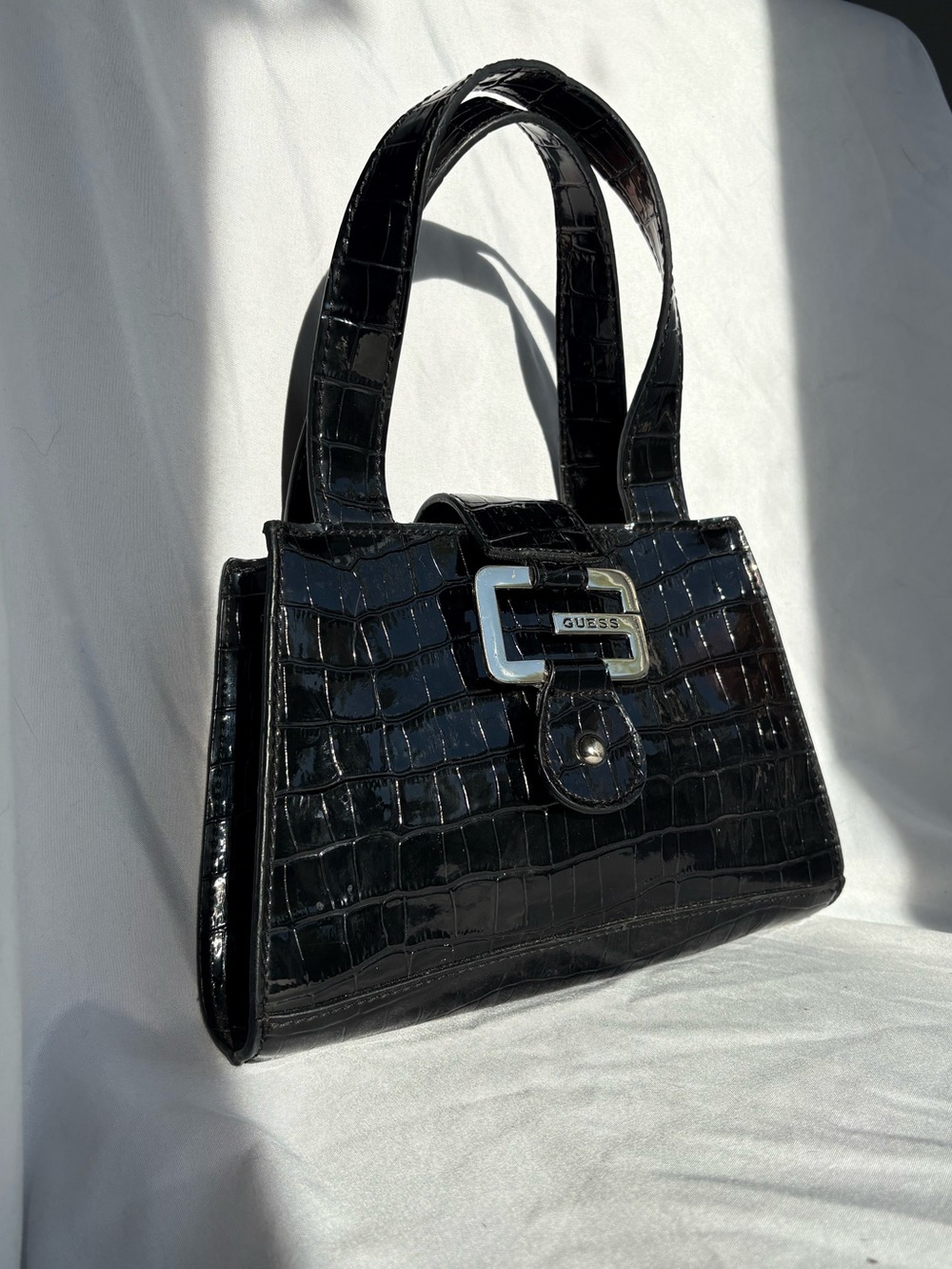 Y2K Guess Black Patent Croc Embossed Shoulder Bag Silver Buckle Purse